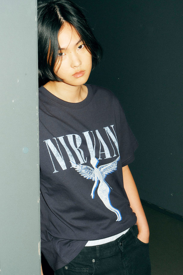 H&M Oversize-T-Shirt mit Druck Dunkelgrau/Nirvana