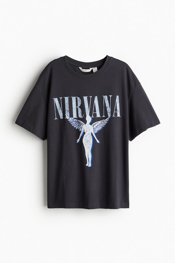 H&M Oversize-T-Shirt mit Druck Dunkelgrau/Nirvana