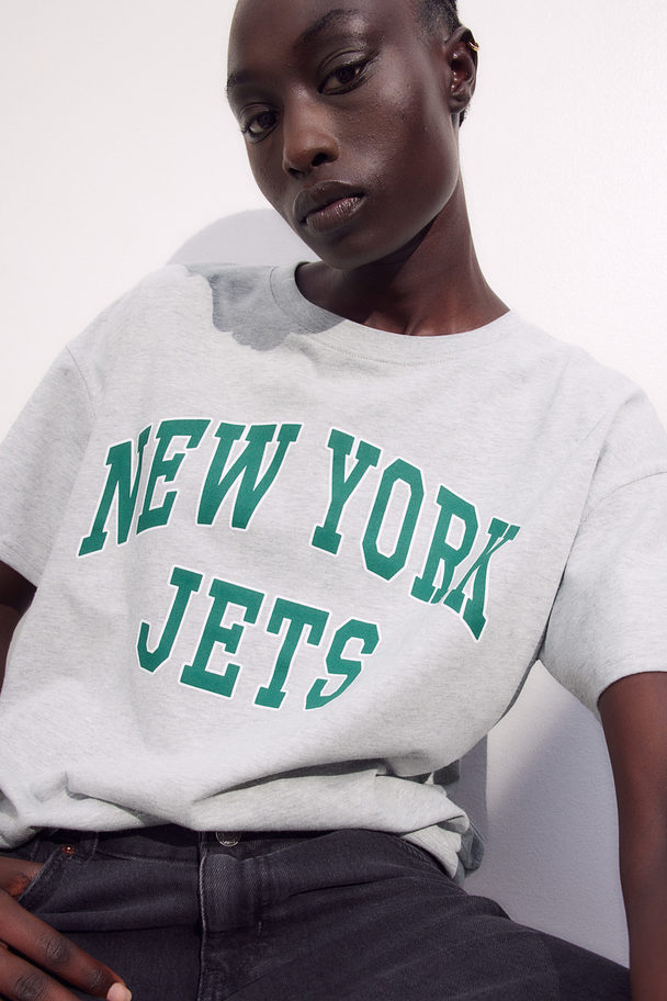 H&M Oversized T-shirt Med Trykk Lys Gråmelert/new York Jets