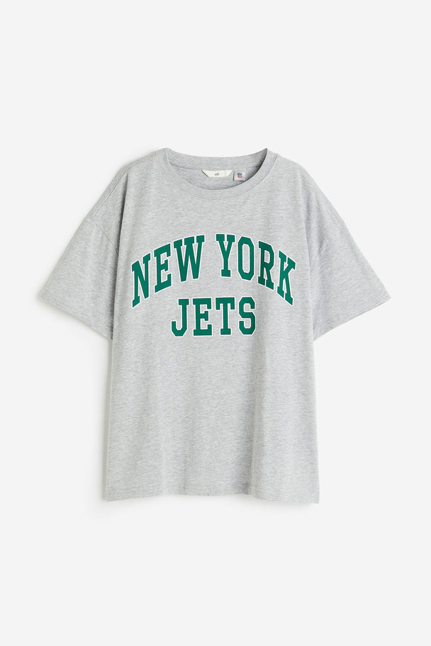 H&M Oversized Printed T-shirt Light Grey Marl/new York Jets