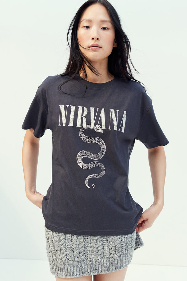 H&M Oversize-T-Shirt mit Druck Dunkelgrau/Nirvana