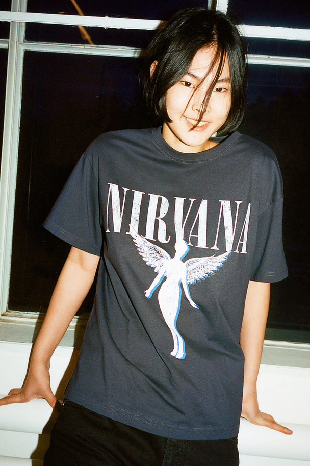 H&M Oversize-T-Shirt mit Druck Dunkelgrau/Nirvana