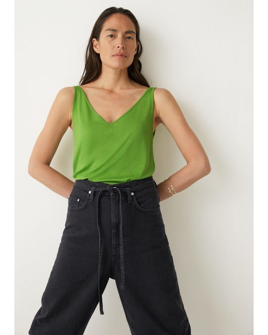 & Other Stories Ribbed V-neck Top Green