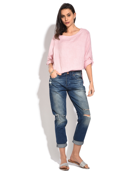 Le Jardin du Lin Long Sleeves Round Collar Top With Slight Lateral Opening
