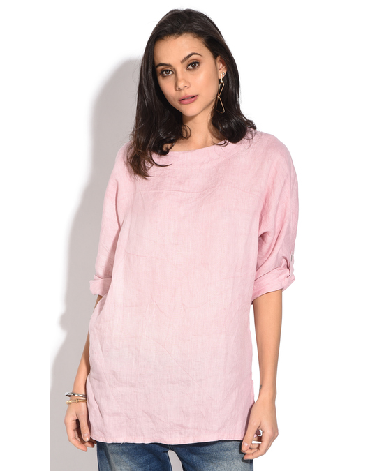 Le Jardin du Lin Long Sleeves Round Collar Top With Slight Lateral Opening