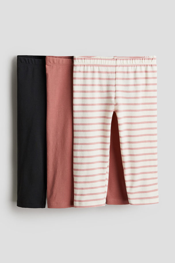 H&M 3-pack Cotton Leggings Light Rust Red/striped