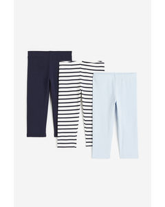 3-pack Cotton Leggings Navy Blue/striped