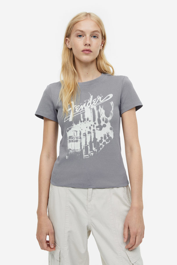H&M T-shirt Med Tryck Grå/fender