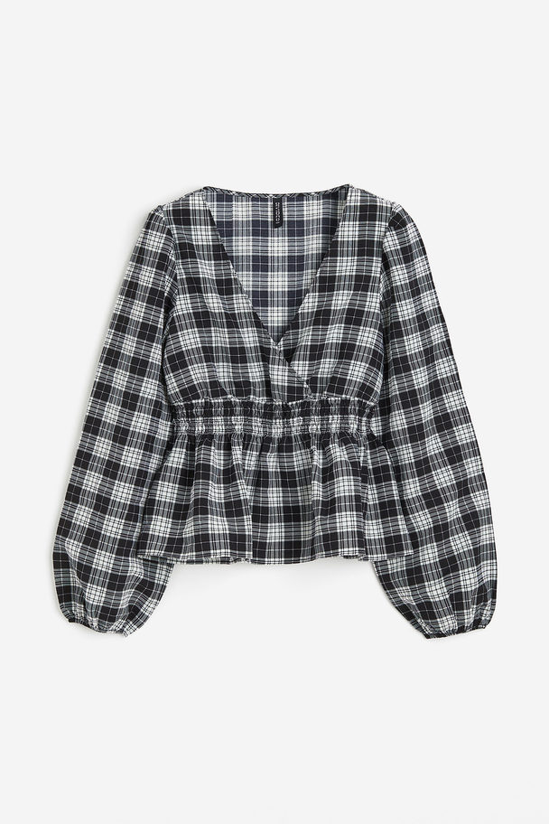H&M Crêpe Puff-sleeved Blouse Black/checked