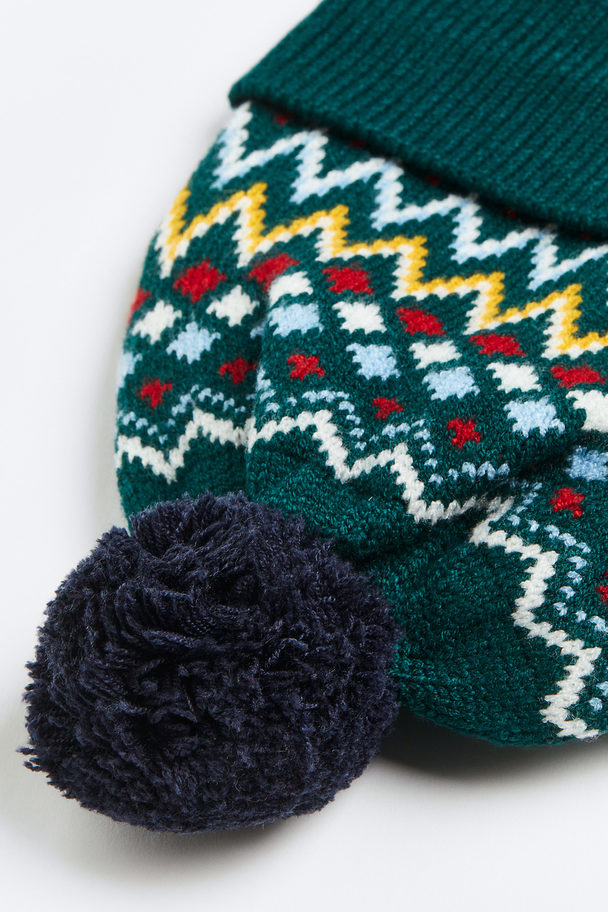 H&M Jacquard-knit Pompom Hat Dark Green/patterned