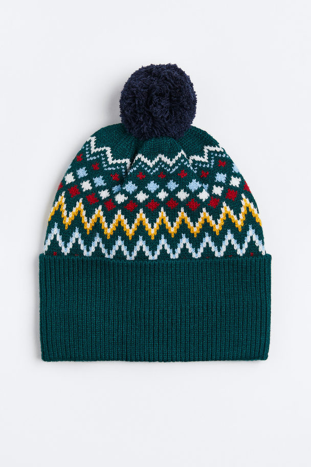 H&M Jacquard-knit Pompom Hat Dark Green/patterned