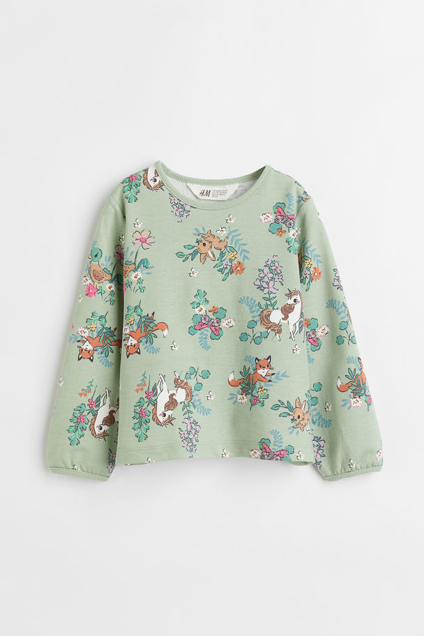 H&M Cotton Sweatshirt Light Green/forest Animals