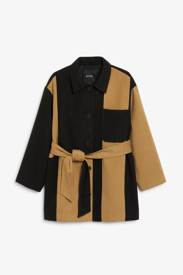Monki Colour Block Belted Jacket Black And Brown Colour Block