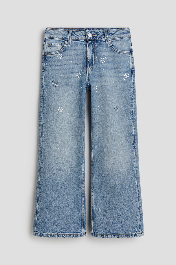 H&M Baggy Fit Bootcut Leg Jeans Denim Blue/rhinestones