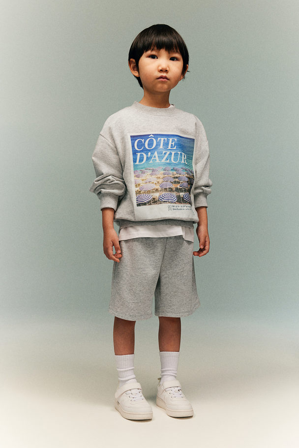 H&M 2-piece Printed Sweatshirt Set Light Grey Marl/côte D'azur