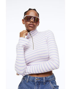 Zip-top Rib-knit Top White/striped