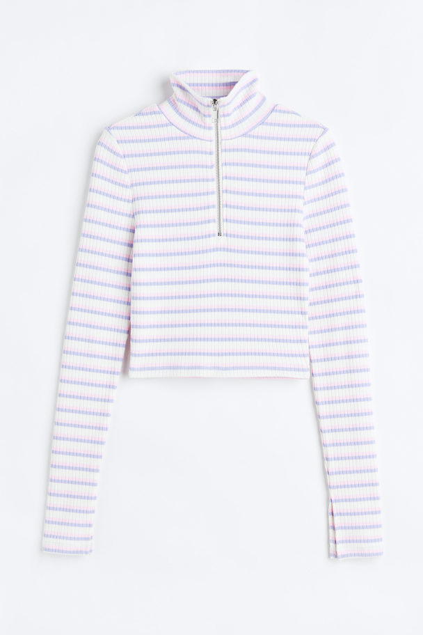 H&M Gerippter Pullover mit Zipper Weiß/Gestreift