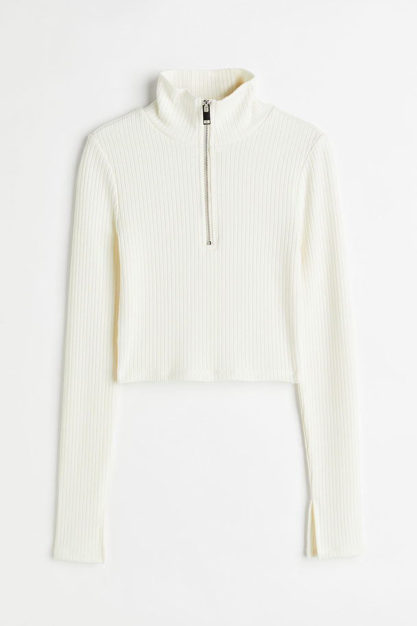H&M Gerippter Pullover mit Zipper Cremefarben