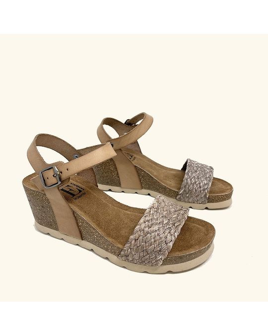 OE Shoes Bio Capri Wedge Sandal In Leather And Raffia Braided Grey Colour