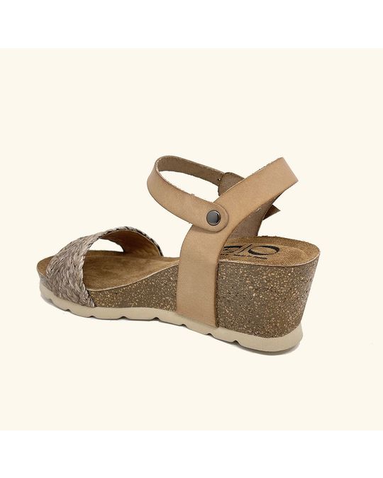 OE Shoes Bio Capri Wedge Sandal In Leather And Raffia Braided Grey Colour