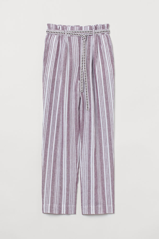 H&M Pull-on Linen Trousers Brown/white Striped