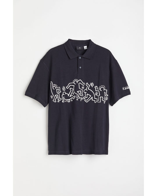 H&M Relaxed Fit Printed Polo Shirt Black/keith Haring