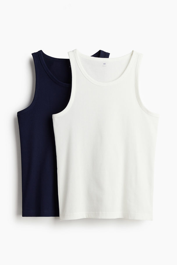 H&M 2-pack Slim Fit Ribbed Vest Tops Navy Blue/white