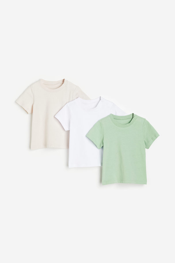 H&M 3-pak T-shirt I Bomuld Lys Beige/lysegrøn