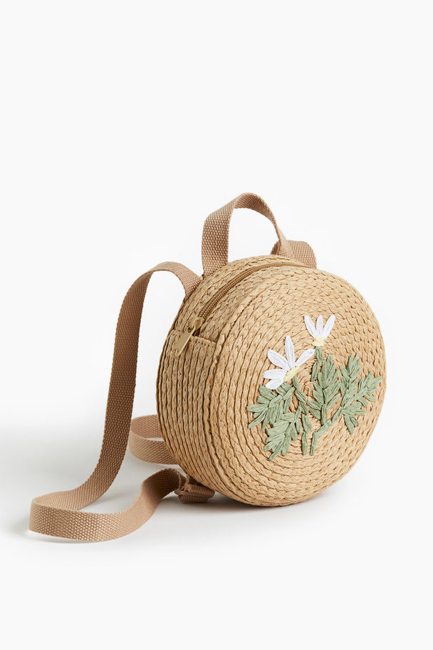 H&M Runder Rucksack aus Papierstroh Beige/Blumen