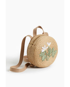 Round Paper Straw Backpack Beige/flowers