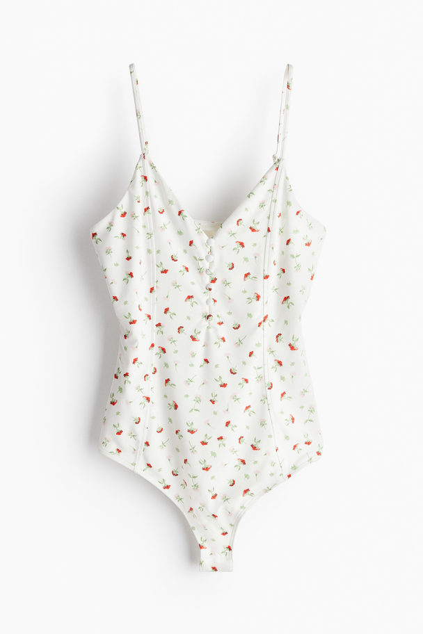 H&M Stringbody Met Knopen Wit/bloemen