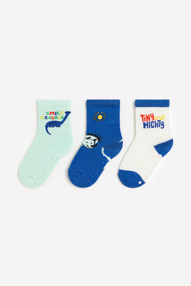 H&M 3-pack Anti-slip Socks Blue/dinosaur