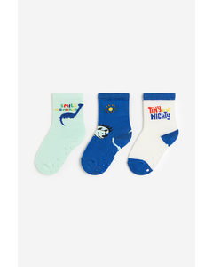 3-pack Anti-slip Socks Blue/dinosaur