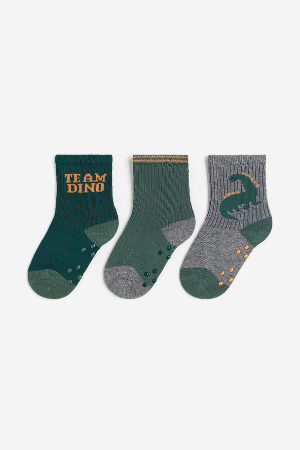 H&M 3-pack Antiskli-sokker Mørk Grønn/team Dino