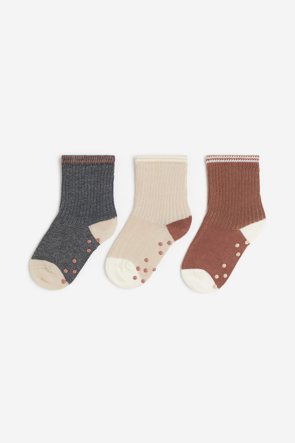 H&M 3-pack Anti-slip Socks Dark Grey/light Beige