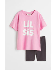 Tweedelige Katoenen Broertjes/zusjes-shirt Roze/lil Sis
