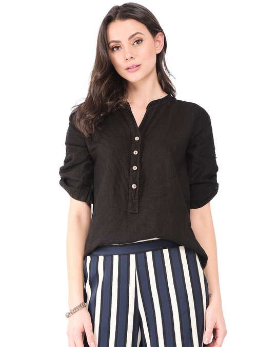 Le Jardin du Lin Buttoned Tunisian Collar Blouse With Lace Insert And Long Attachable Sleeves