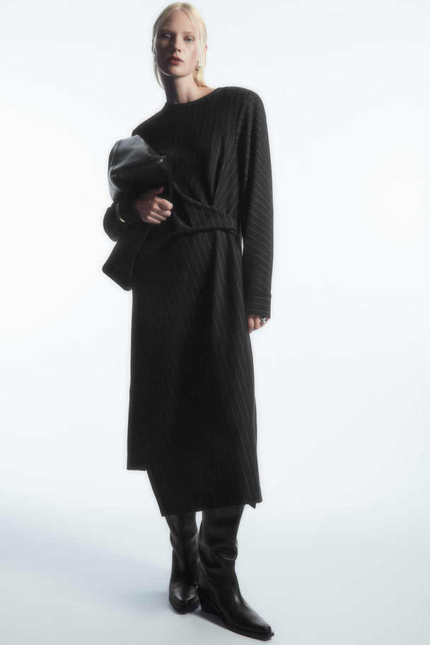 COS Power-shoulder Midi Dress Black / Pinstriped