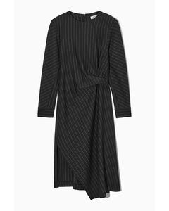 Power-shoulder Midi Dress Black / Pinstriped