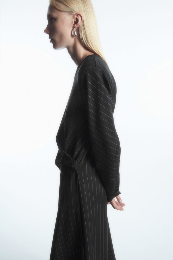 COS Power-shoulder Midi Dress Black / Pinstriped