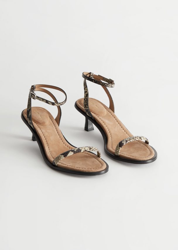 & Other Stories Strappy Kitten Heel Leather Sandals Snake Print