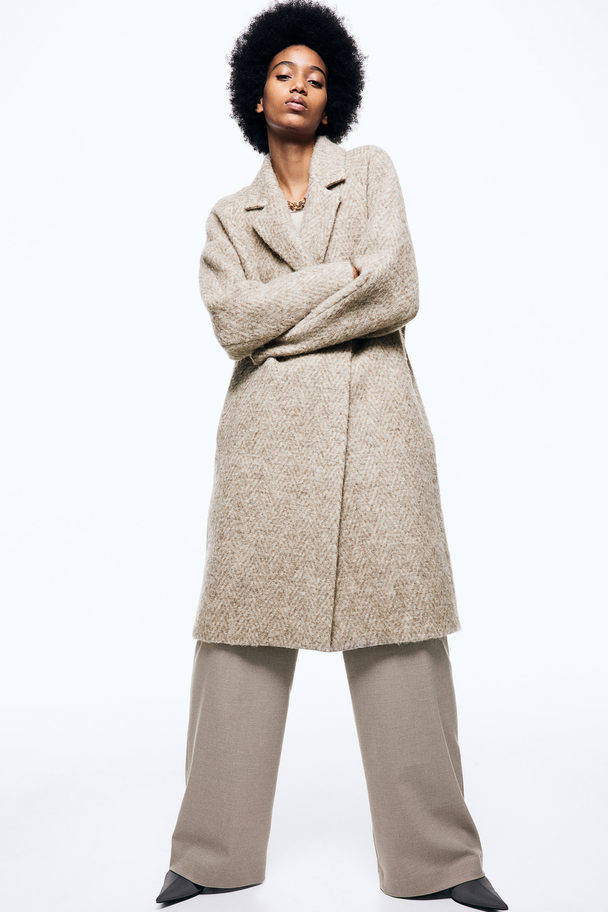 H&M Double-breasted Wool-blend Coat Beige/herringbone-patterned