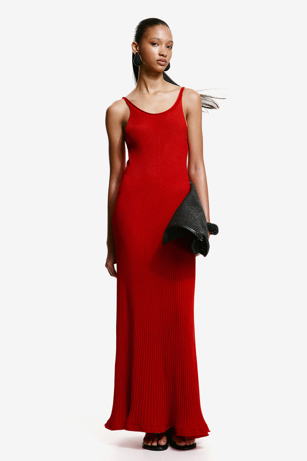 H&M Ribgebreide Maxi-jurk Helderrood