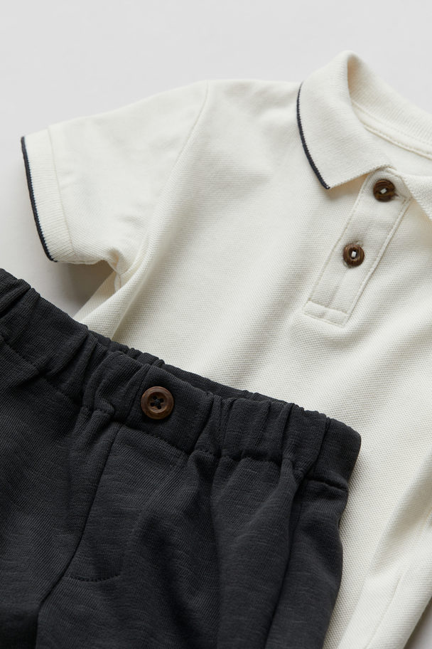 H&M 2-delt Sæt Med Poloshirt Og Bukser Hvid/mørkegrå