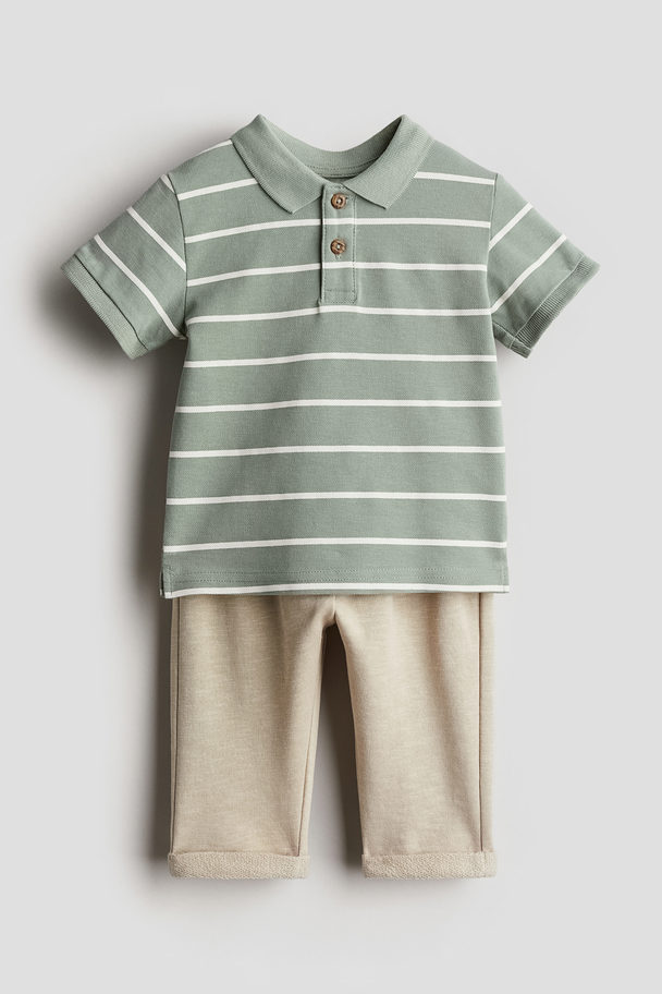 H&M 2-piece Polo Shirt And Trousers Set Dusty Green/beige