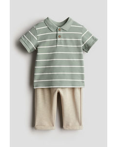 2-piece Polo Shirt And Trousers Set Dusty Green/beige
