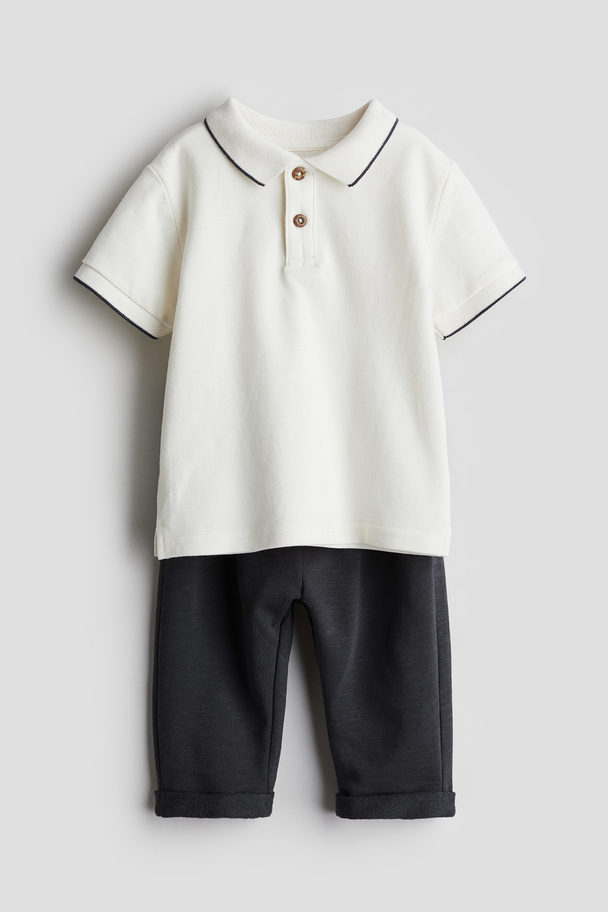 H&M 2-delt Sæt Med Poloshirt Og Bukser Hvid/mørkegrå