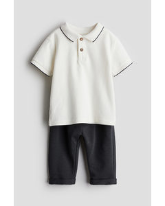 2-piece Polo Shirt And Trousers Set White/dark Grey