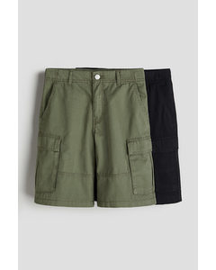 2-pack Cotton Cargo Shorts Khaki Green/black
