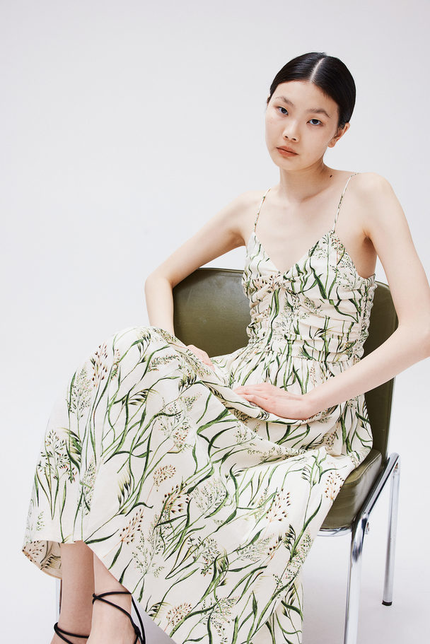 H&M Linen-blend Strappy Dress Cream/green Patterned